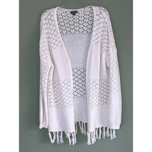 Women Open Knit Cardigan sz S Boho Festival Oversize Fringe Cotton Dolman Sleeve